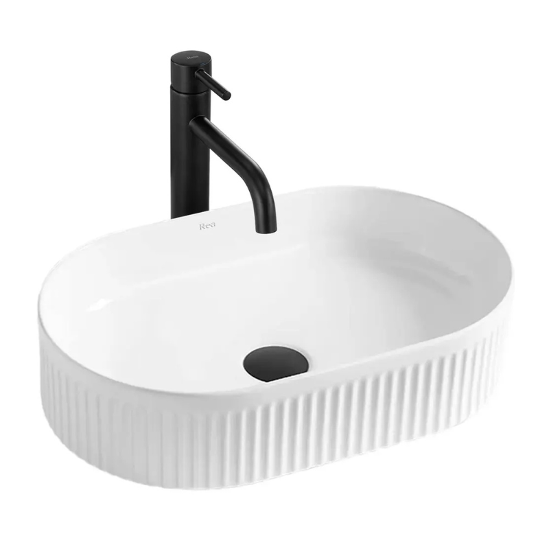 Aufsatzwaschbecken Vanda (50 cm) aus weißer Hochglanz-Sanitärkeramik, ovale Form mit gerillter Außenfläche, ohne Hahnloch und Überlauf, modernes und dekoratives Design für Badezimmer.