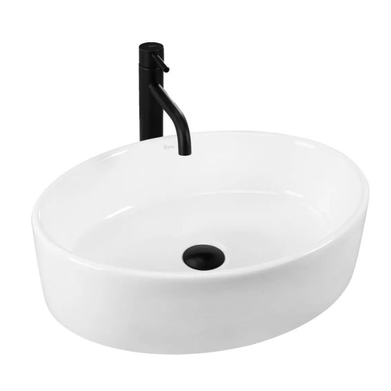 Aufsatzwaschtisch Fonda (50 cm) in weißem Hochglanz aus Sanitärkeramik, ovale Form mit abgerundeten Kanten, ohne Hahnloch und Überlauf, elegantes und modernes Design für Badezimmer.