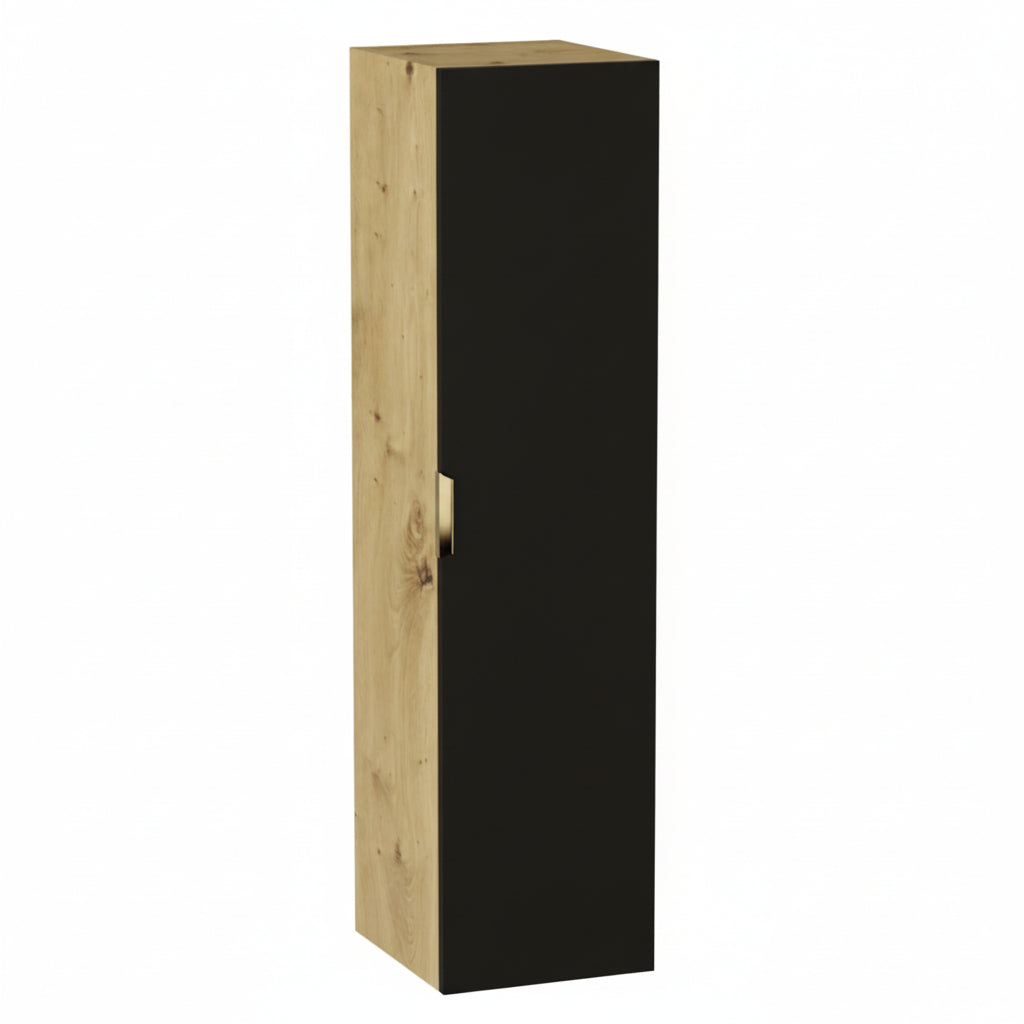Bad Hochschrank Orio 120 cm – 1 Tür, 4 Regale, goldfarbene Metallgriffe, feuchtigkeitsbeständige laminierte Platte, elegantes, minimalistisches Design, ideal für kleine und mittelgroße Badezimmer.