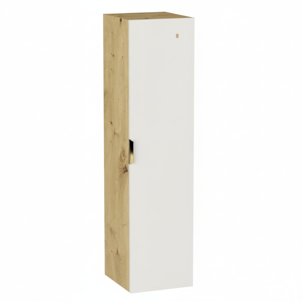 Bad Hochschrank Orio 120 cm mit 1 Tür, 4 Regalen, Goldgriffen, links oder rechts montierbare Tür, modernes Design aus 18-mm laminierter Spanplatte, ideal für Badezimmer.
