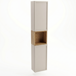 Bad Hochschrank Roma 150 cm Kaschmir / Eiche Cremona mit Türen, offenen Regalfach und Push-to-Open-System in natürlicher Holzoptik