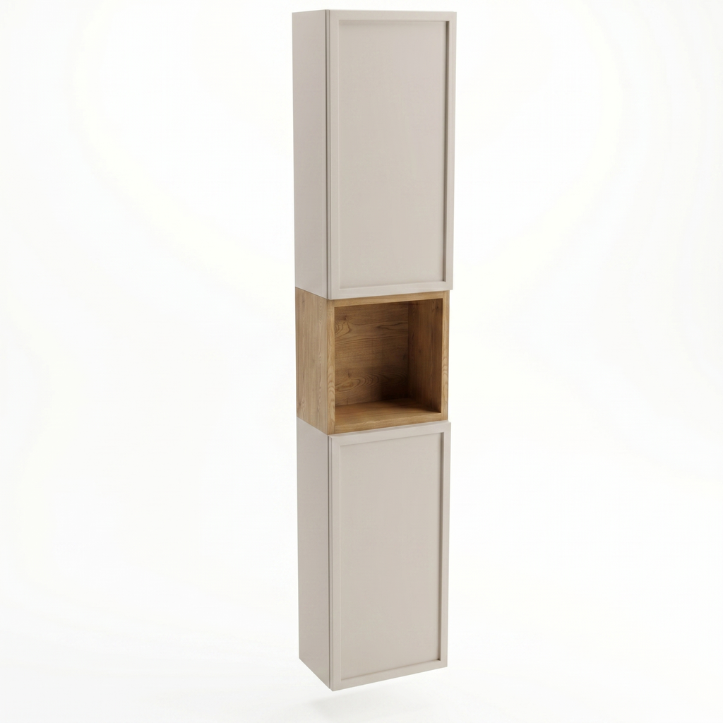 Bad Hochschrank Roma 150 cm Kaschmir / Eiche Cremona mit Türen, offenen Regalfach und Push-to-Open-System in natürlicher Holzoptik