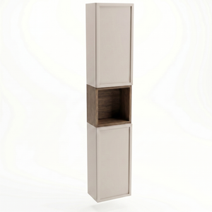 Bad Hochschrank Roma 150 cm Kaschmir / Walnuss Dunkel mit Türen, offenem Regalfach und Push-to-Open-System im modernen Kontrastdesign