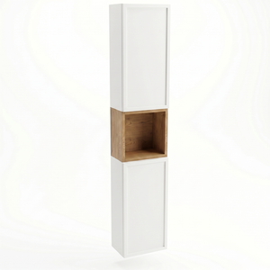 Bad Hochschrank Roma 150 cm Weiß / Eiche Cremona mit Türen, offenen Regalfach und Push-to-Open-System für modernes Badezimmer