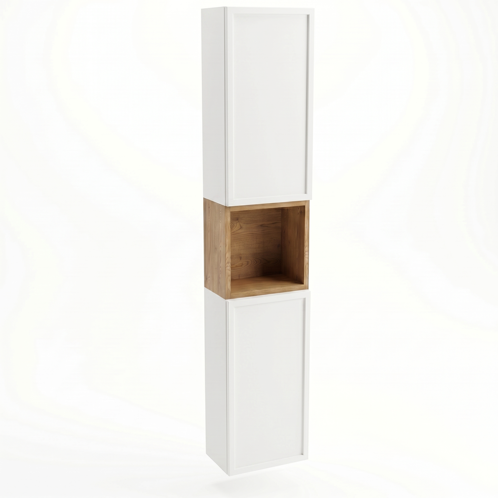 Bad Hochschrank Roma 150 cm Weiß / Eiche Cremona mit Türen, offenen Regalfach und Push-to-Open-System für modernes Badezimmer