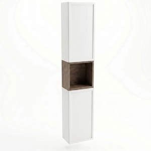 Bad Hochschrank Roma 150 cm Weiß / Walnuss Dunkel mit offenen Regalfach, Türen und Push-to-Open-System für modernes Badezimmerdesign
