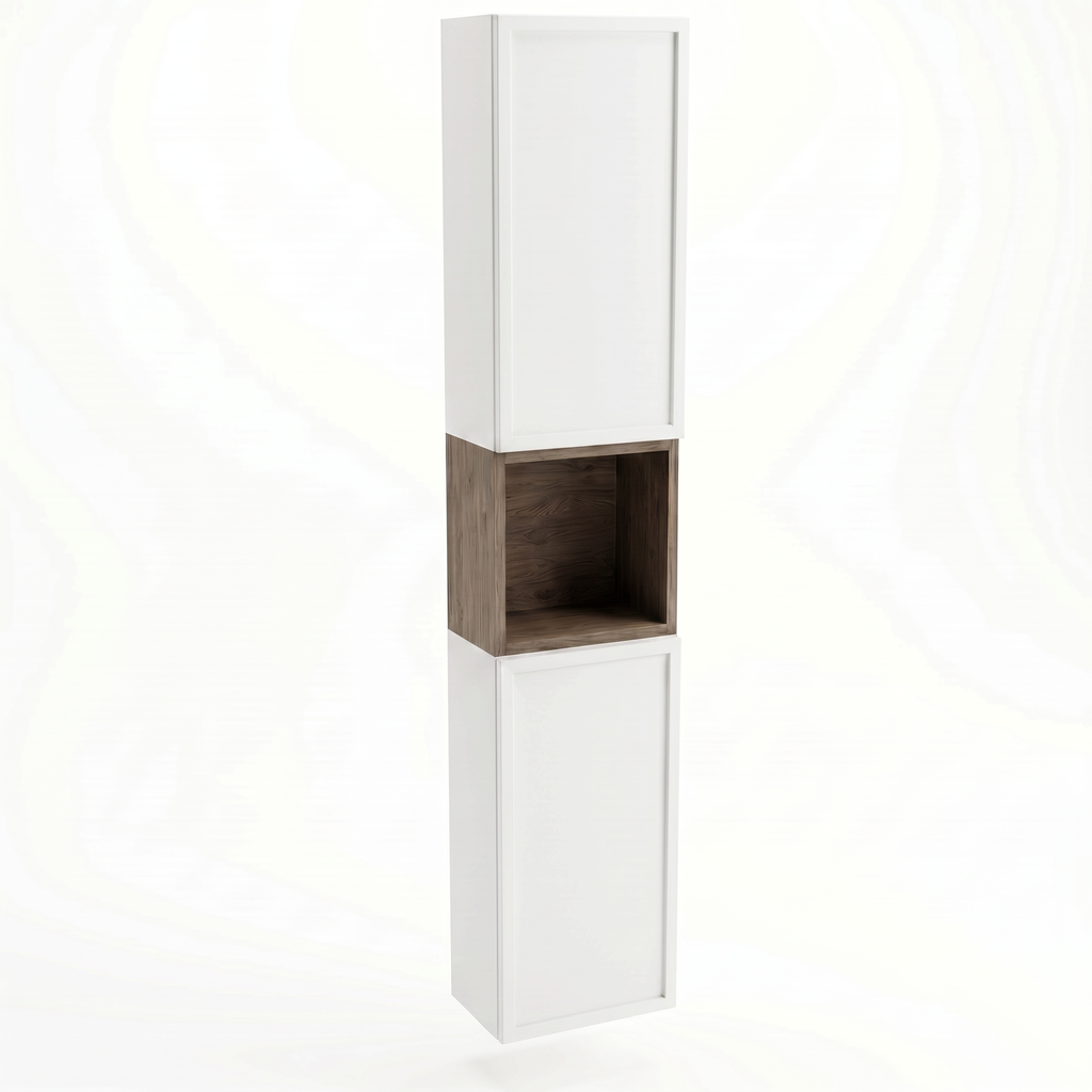 Bad Hochschrank Roma 150 cm Weiß / Walnuss Dunkel mit offenen Regalfach, Türen und Push-to-Open-System für modernes Badezimmerdesign