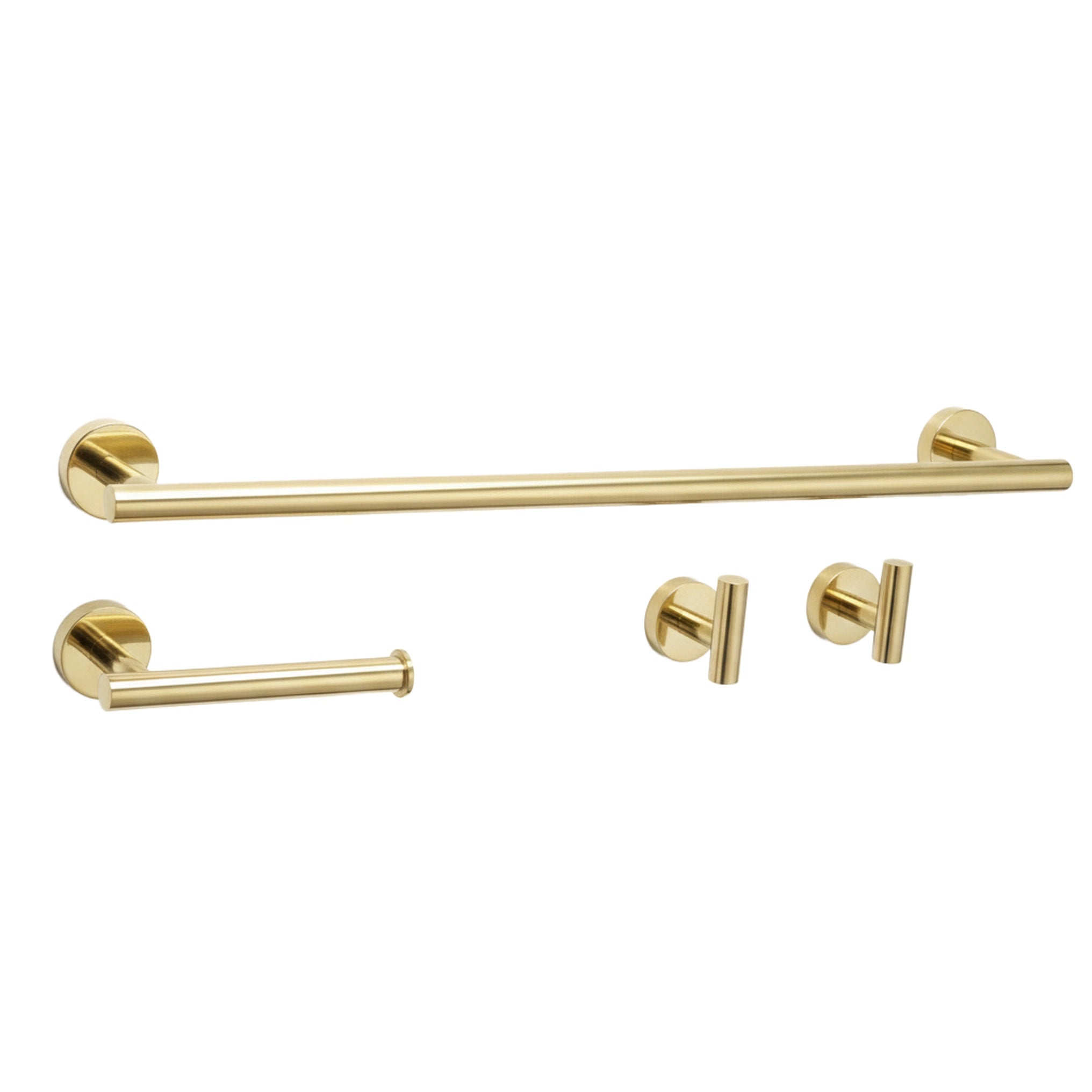 Badezimmer-Haken-Set Ari in Gold mit Handtuchhalter, Toilettenpapierhalter und zwei Wandhaken aus Metall in eleganter Goldoptik.