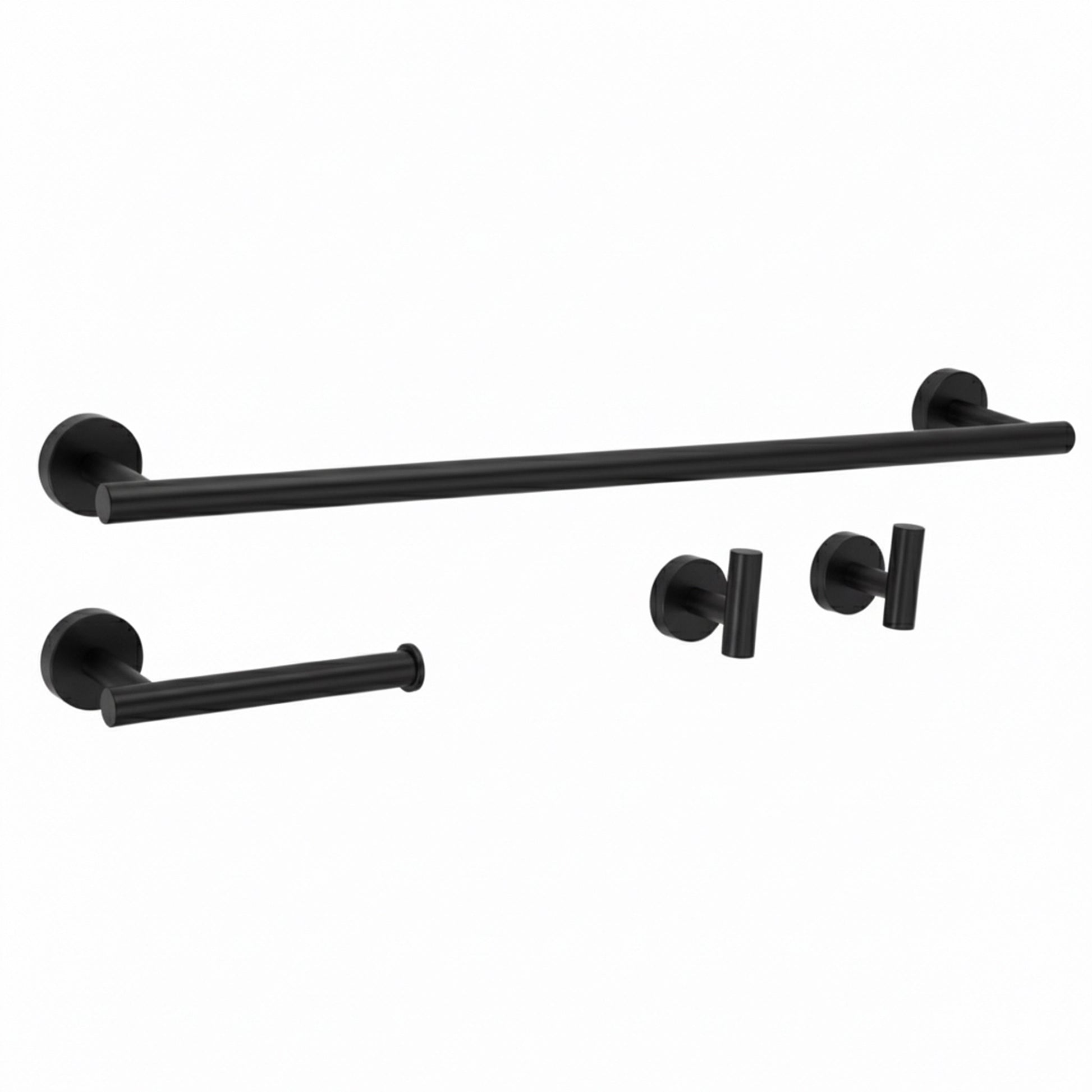 Badezimmer-Haken-Set Ari in Schwarz mit Handtuchhalter, Toilettenpapierhalter und zwei Wandhaken aus Metall im modernen Design.