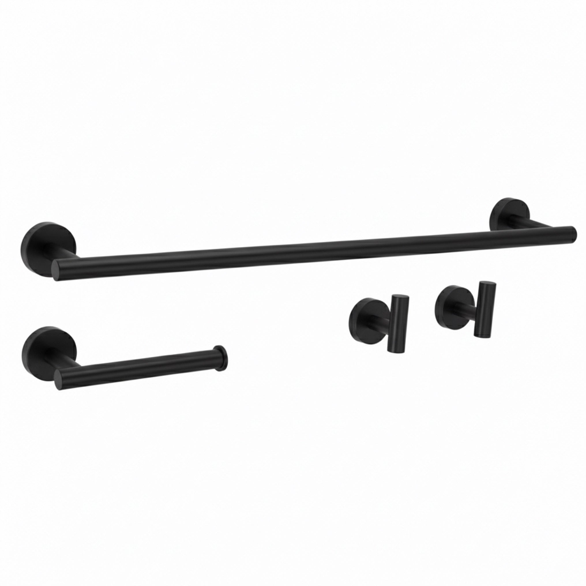 Badezimmer-Haken-Set Ari in Schwarz mit Handtuchhalter, Toilettenpapierhalter und zwei Wandhaken aus Metall im modernen Design.
