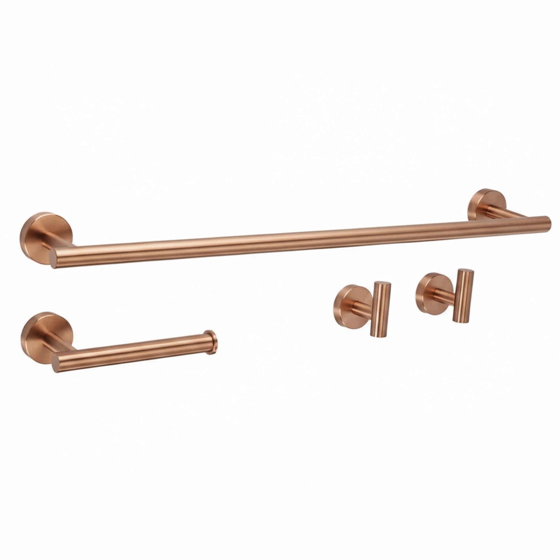 Badezimmer-Haken-Set Ari in gebürsteter Kupferoptik mit Handtuchhalter, Toilettenpapierhalter und zwei Wandhaken aus Metall.