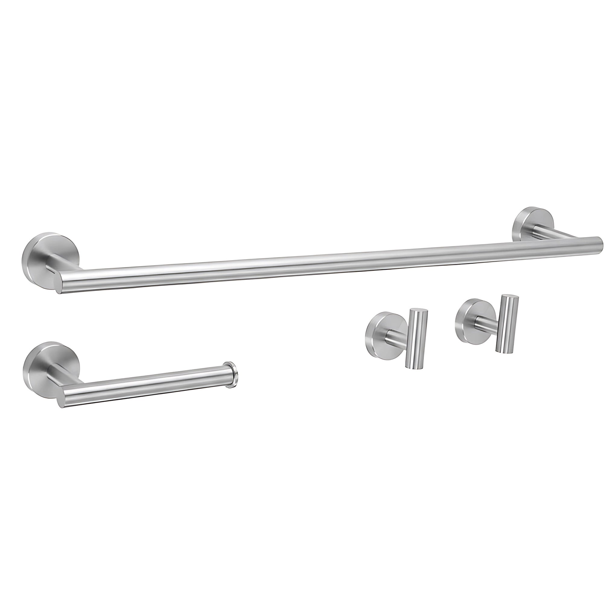 Badezimmer-Haken-Set Ari in gebürstetem Nickel mit Handtuchhalter, Toilettenpapierhalter und zwei Wandhaken aus Metall für modernes Bad.