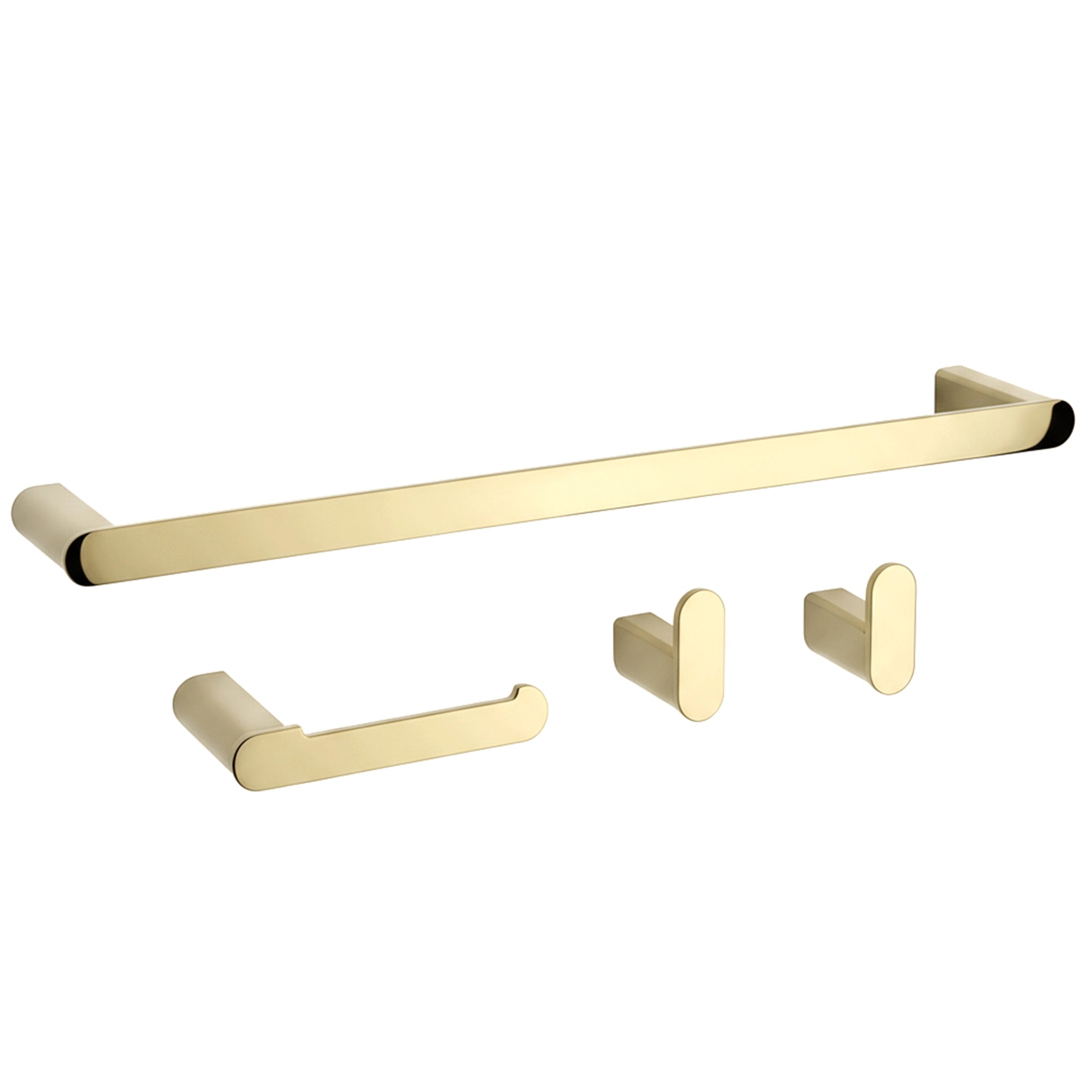 Badezimmer-Haken-Set Mati in Gold mit Handtuchhalter, Toilettenpapierhalter und zwei Wandhaken aus Metall im eleganten Design.