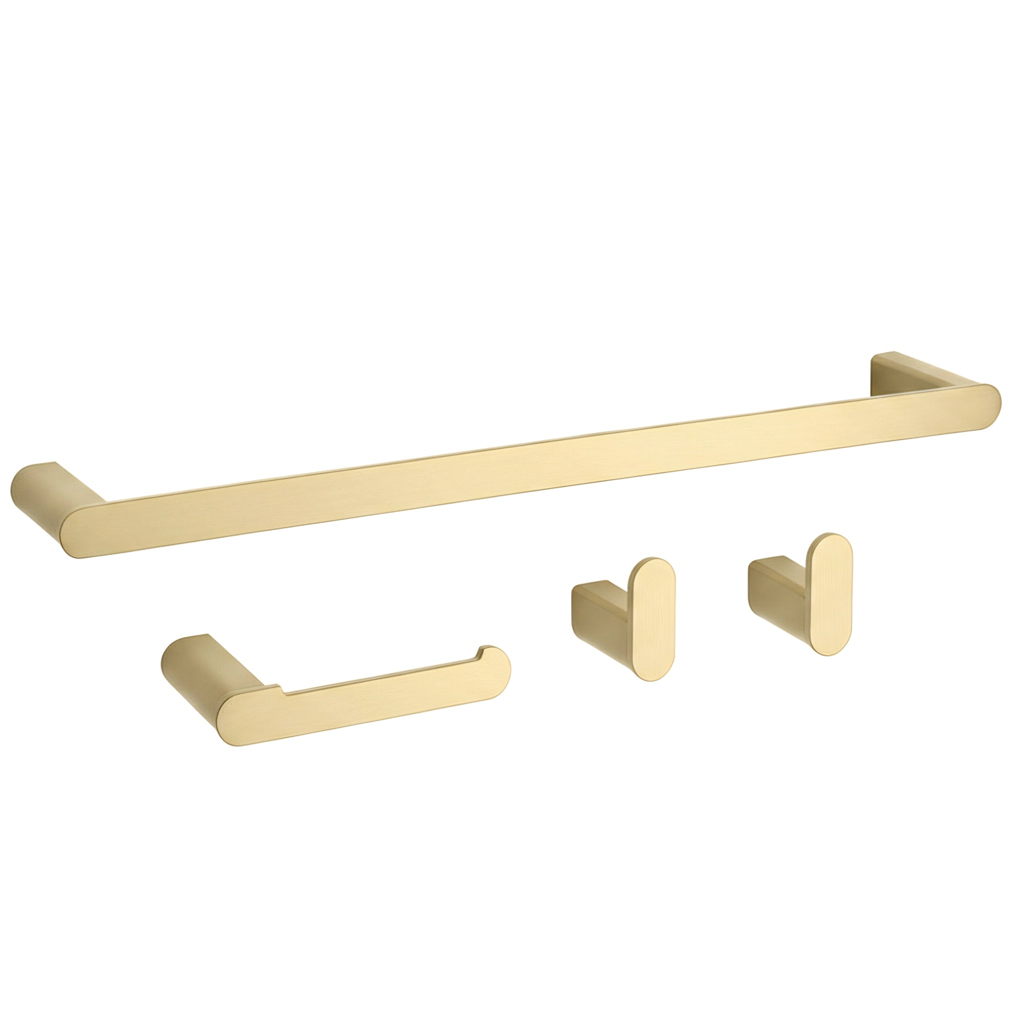 Badezimmer-Haken-Set Mati in gebürstetem Gold mit Handtuchhalter, Toilettenpapierhalter und zwei Wandhaken aus Metall im eleganten Design.