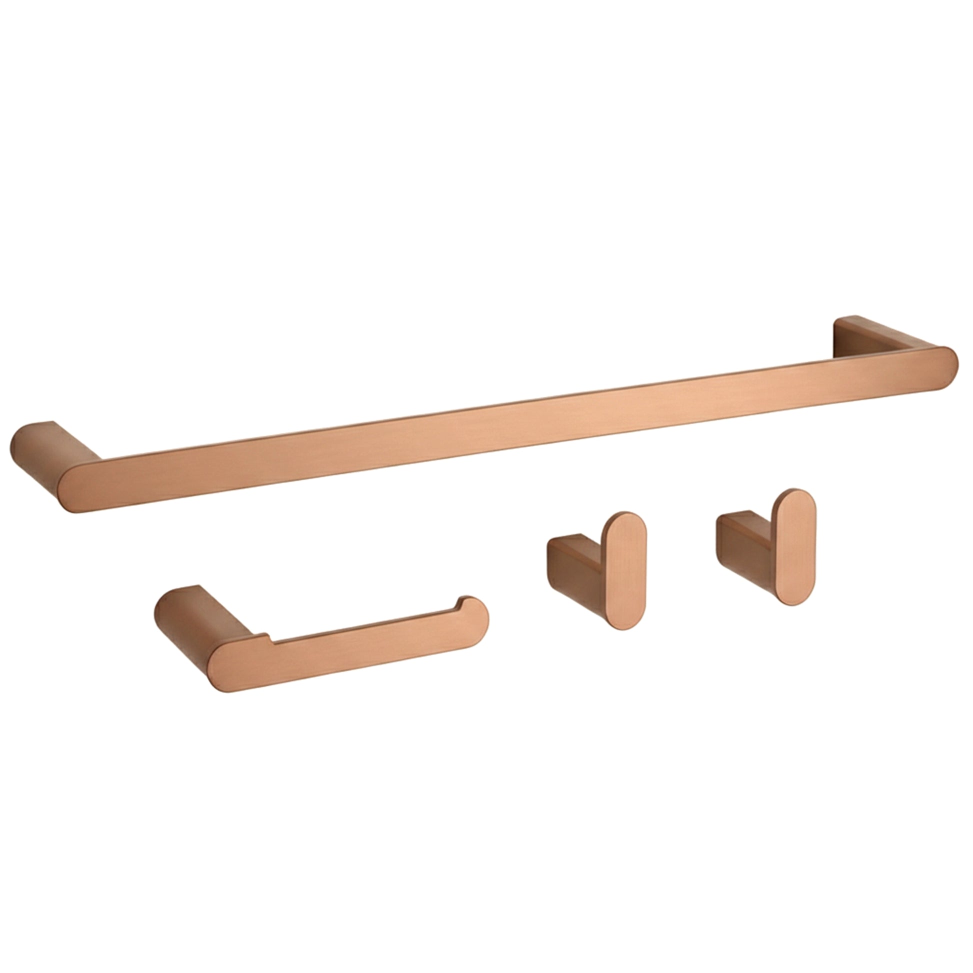 Badezimmer-Haken-Set Mati in gebürsteter Kupferoptik mit Handtuchhalter, Toilettenpapierhalter und zwei Wandhaken aus Metall.