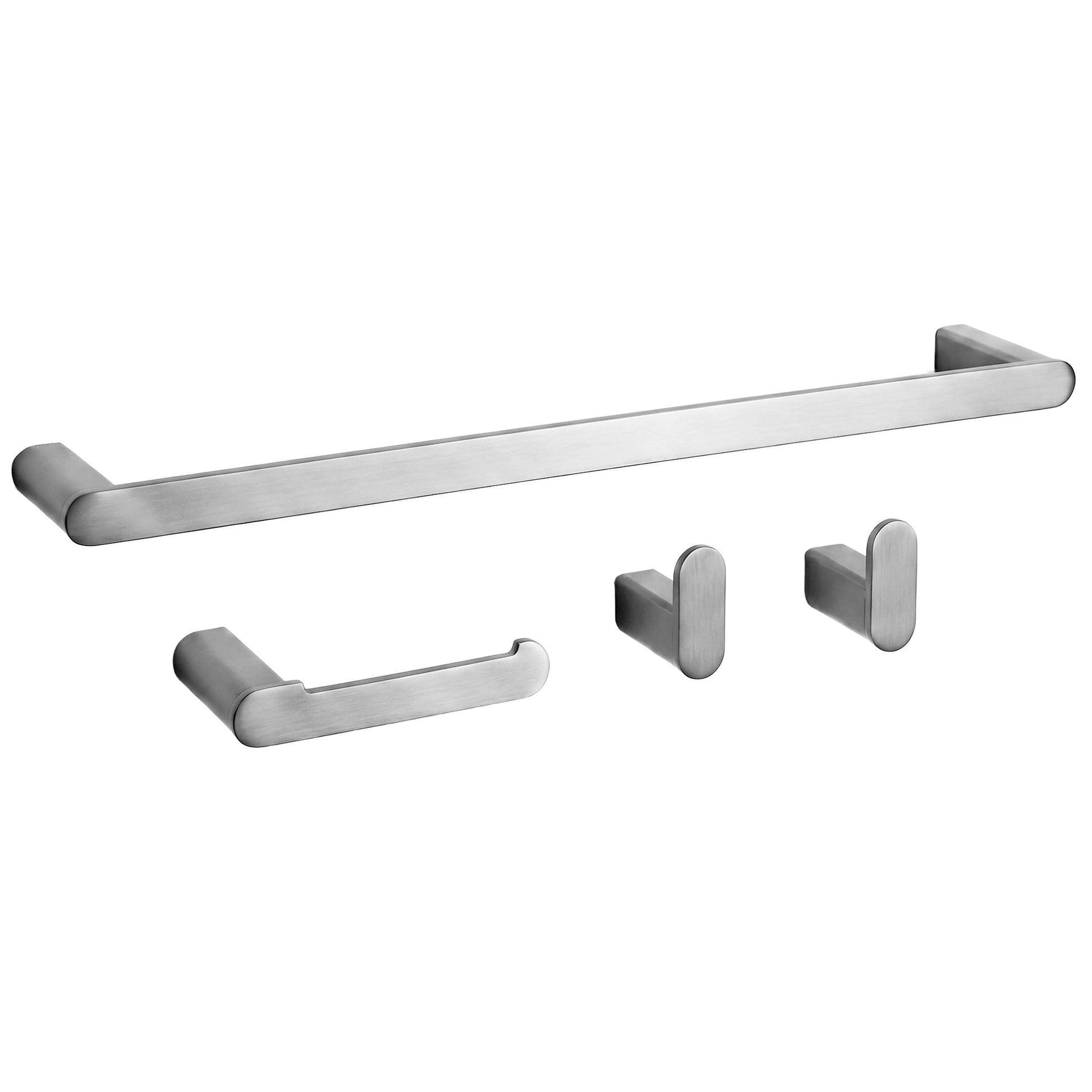 Badezimmer-Haken-Set Mati in gebürstetem Nickel mit Handtuchhalter, Toilettenpapierhalter und zwei Wandhaken aus Metall.