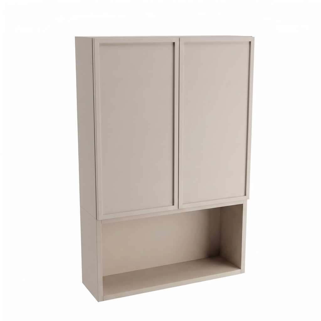 Badezimmer Hängeschrank Roma 60 cm Kaschmir zur Wandmontage über Geberit mit Türen, offenem Fach und Push-to-Open-System