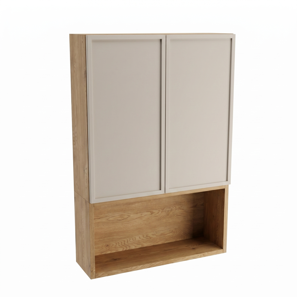 Badezimmer Hängeschrank Roma 60 cm Kaschmir / Eiche Cremona zur Wandmontage über Geberit mit Türen, offenem Fach und Push-to-Open-System