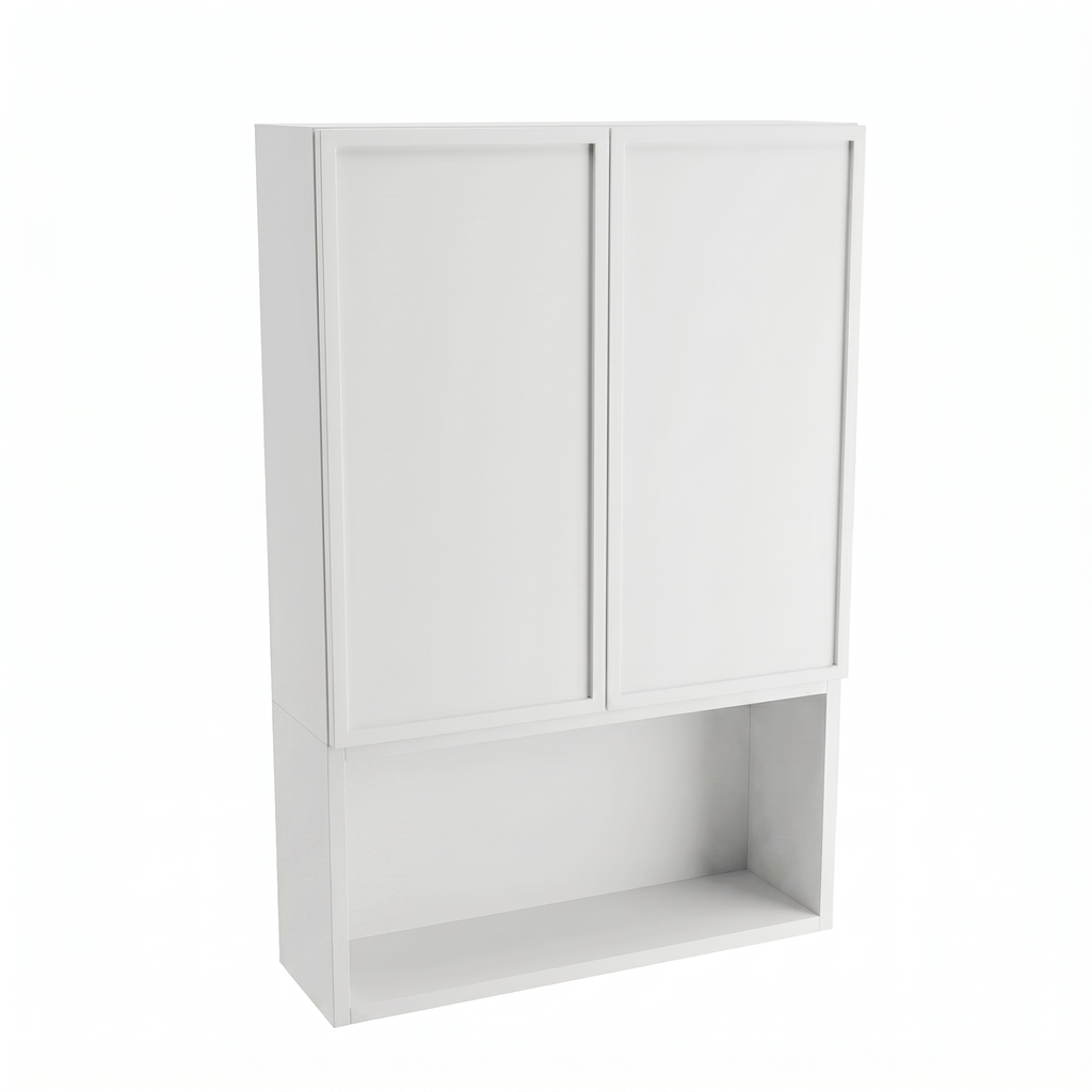 Badezimmer Hängeschrank Roma 60 cm Weiß zur Wandmontage über Geberit mit Türen, offenem Fach und Push-to-Open-System