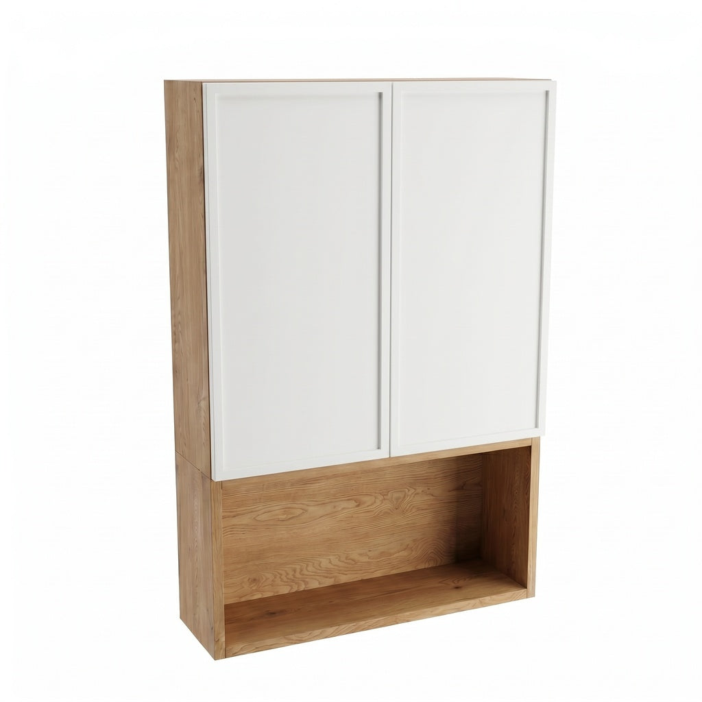 Badezimmer Hängeschrank Roma 60 cm Weiß / Eiche Cremona zur Wandmontage über Geberit mit Türen, offenem Fach und Push-to-Open-System