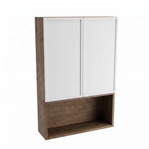 Badezimmer Hängeschrank Roma 60 cm Weiß / Walnuss Dunkel zur Wandmontage über Geberit mit Türen, offenem Fach und Push-to-Open-System