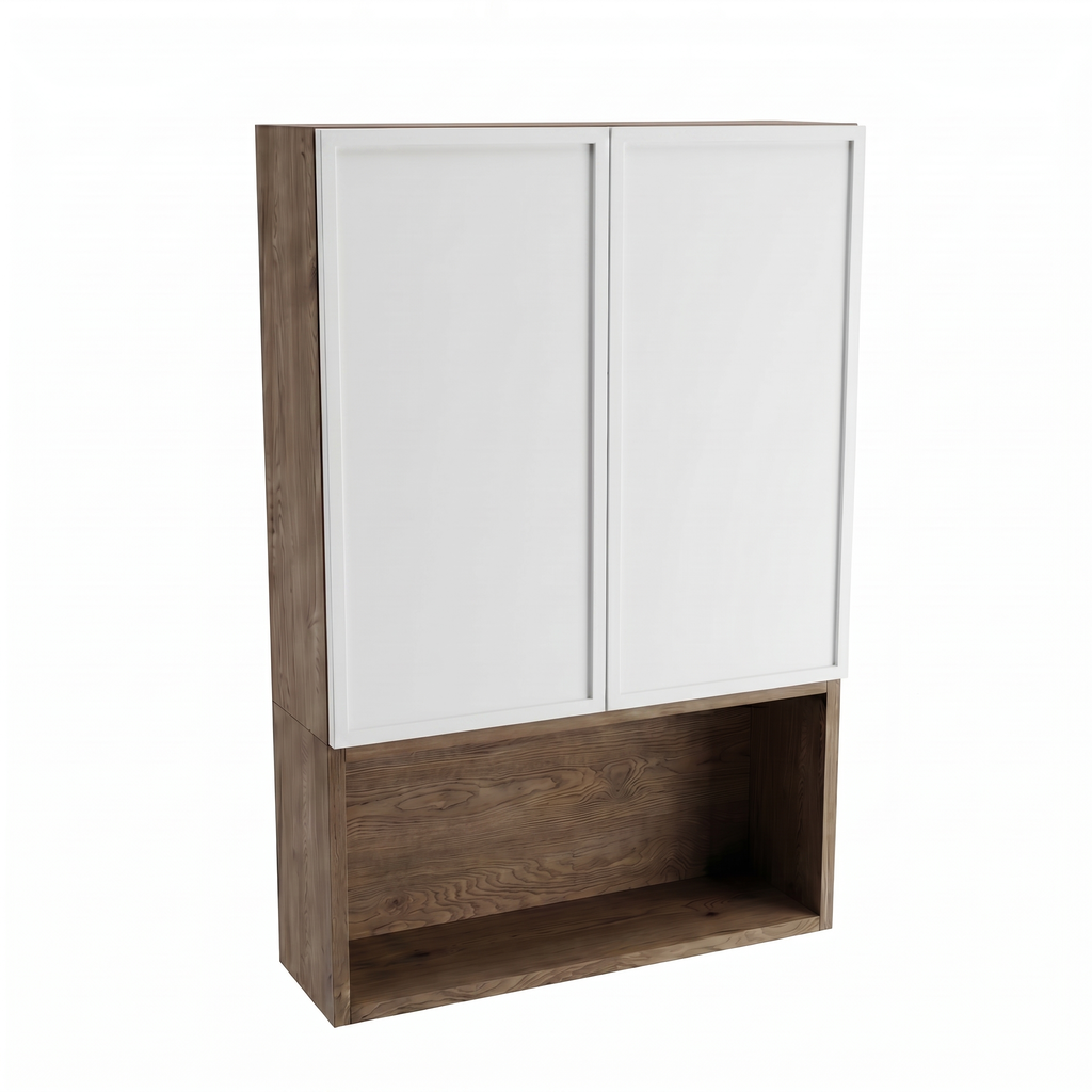 Badezimmer Hängeschrank Roma 60 cm Weiß / Walnuss Dunkel zur Wandmontage über Geberit mit Türen, offenem Fach und Push-to-Open-System