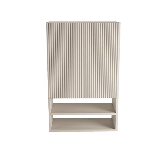 Badezimmer Hängeschrank Willy 60 cm für Geberit mit geriffelter Front in Kaschmir, zwei Regalböden, obere Ablage und modernem Design.