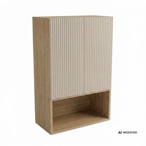 Badezimmer Hängeschrank Willy 60 cm für Geberit in Kaschmir und Walnuss mit geriffelter Front, grifflosem Push-to-Open-System und offenem Regal.