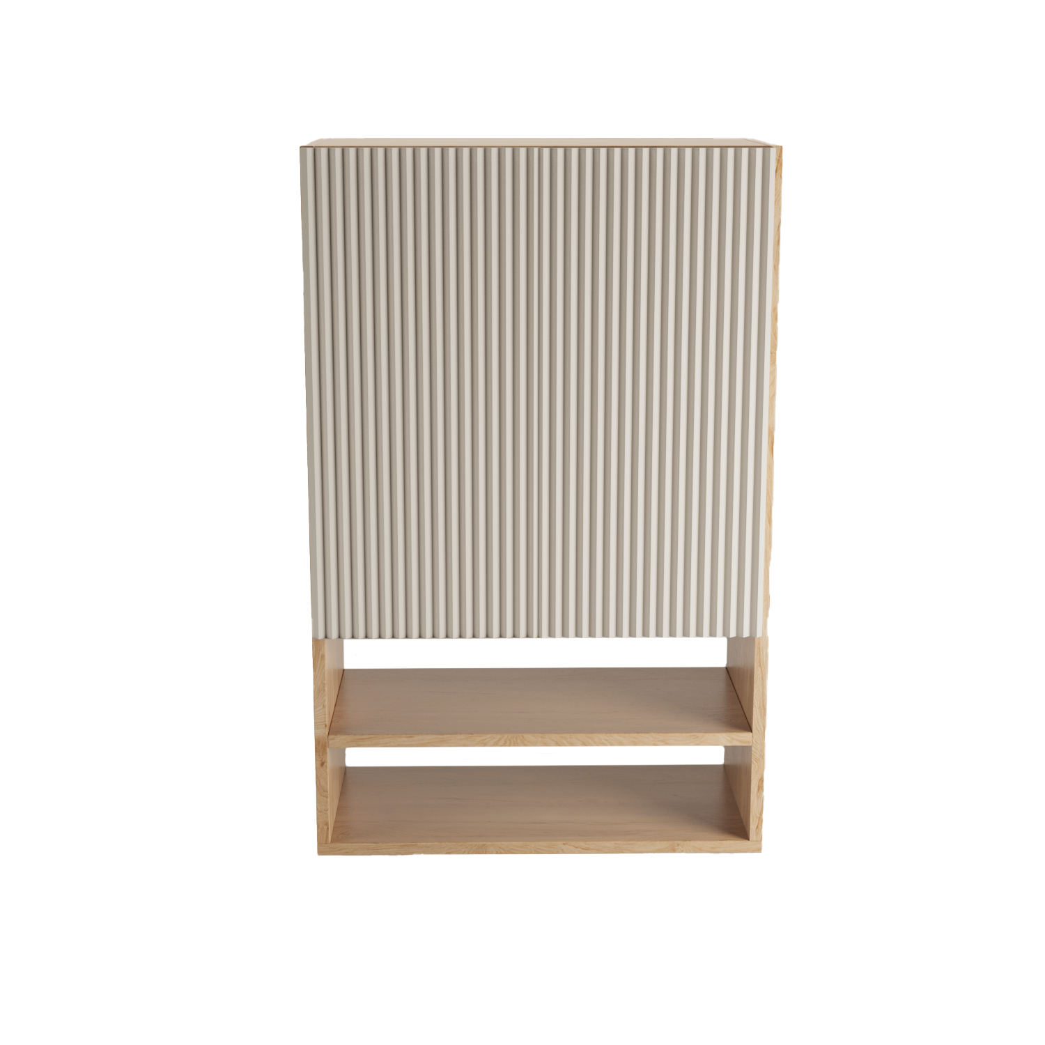 Badezimmer Hängeschrank Willy 60 cm für Geberit mit geriffelter Front in Kaschmir, Walnuss-Elementen, Regalböden und offenen Ablagen.