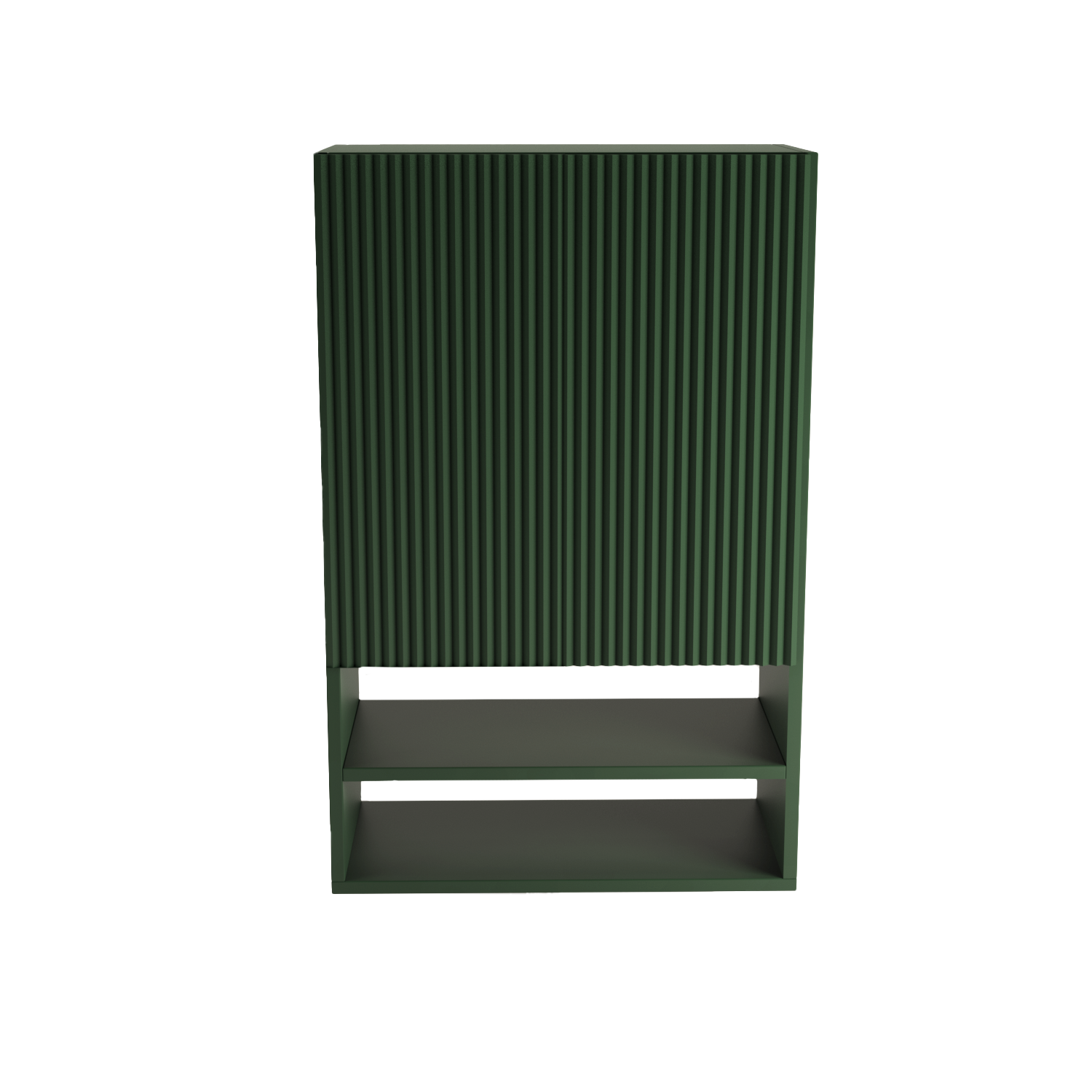 Badezimmer Hängeschrank Willy 60 cm für Geberit in Salbei mit geriffelter Front, zwei Regalböden, offenen Fächern und modernem Wanddesign.