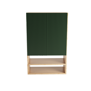 Badezimmer Hängeschrank Willy 60 cm für Geberit mit geriffelter Front in Salbei, Korpus in Walnussoptik, Regalböden und offenen Fächern.