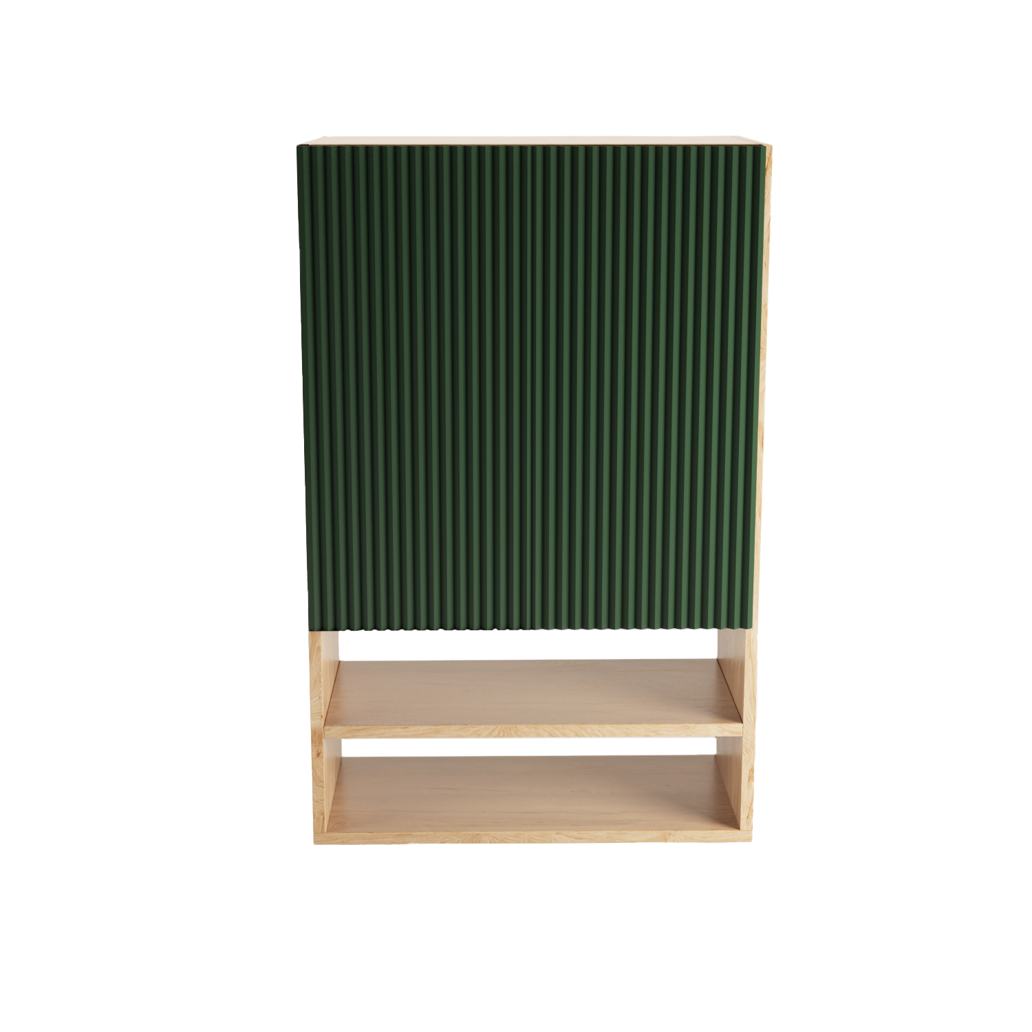 Badezimmer Hängeschrank Willy 60 cm für Geberit mit geriffelter Front in Salbei, Korpus in Walnussoptik, Regalböden und offenen Fächern.