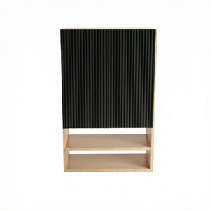 Badezimmer-Hängeschrank Willy 60 cm für Geberit mit geriffelter Front in Schwarz/Walnuss, wandhängender Badschrank mit Stauraum über dem WC.