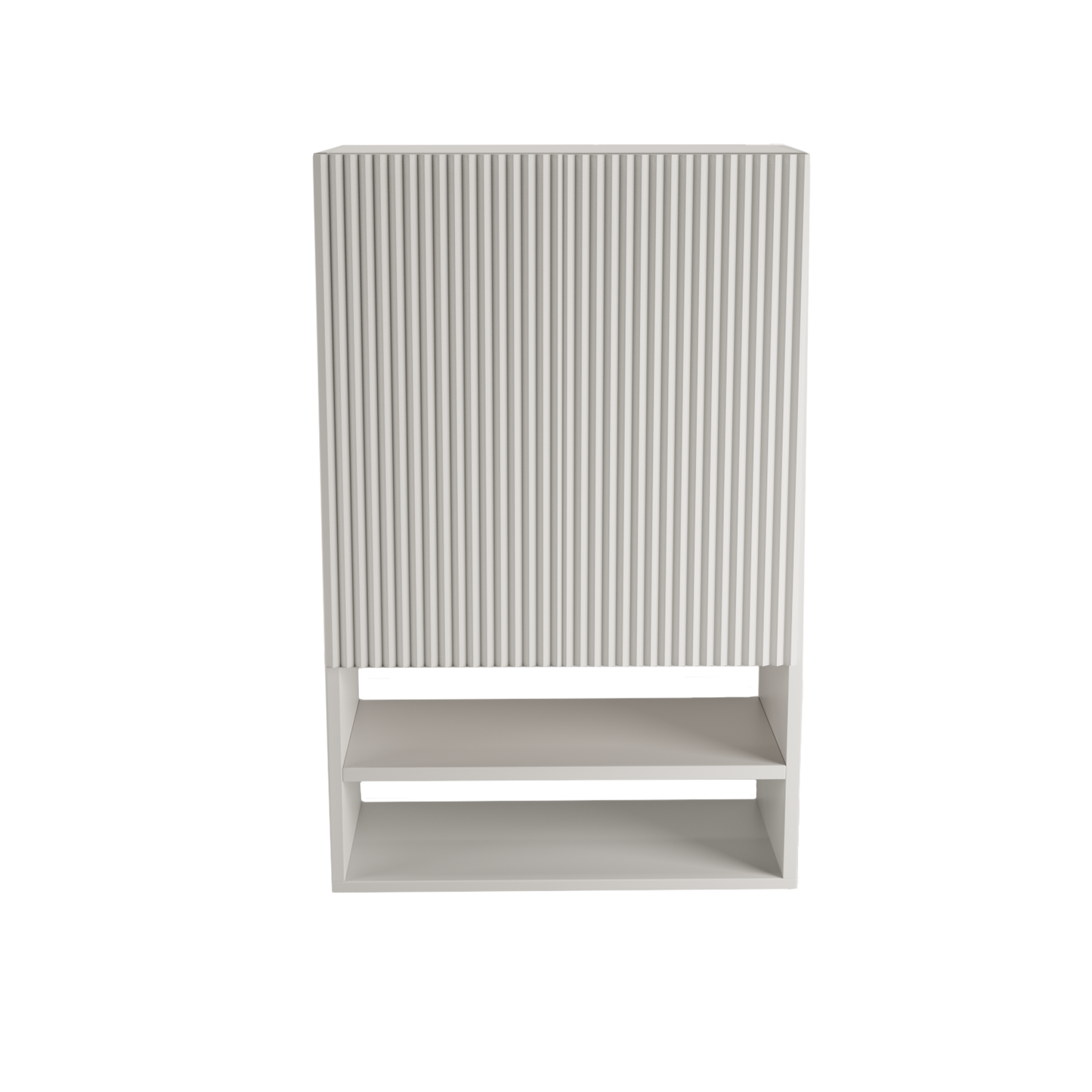 Badezimmer Hängeschrank Willy 60 cm für Geberit in Weiß mit geriffelter Front, zwei Regalböden und offenen Ablagen zur Wandmontage.