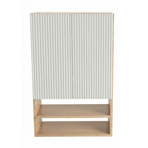 Badezimmer-Hängeschrank Willy 60 cm für Geberit mit geriffelter Front in Weiß/Walnuss, wandhängender Badschrank mit Stauraum über dem WC.