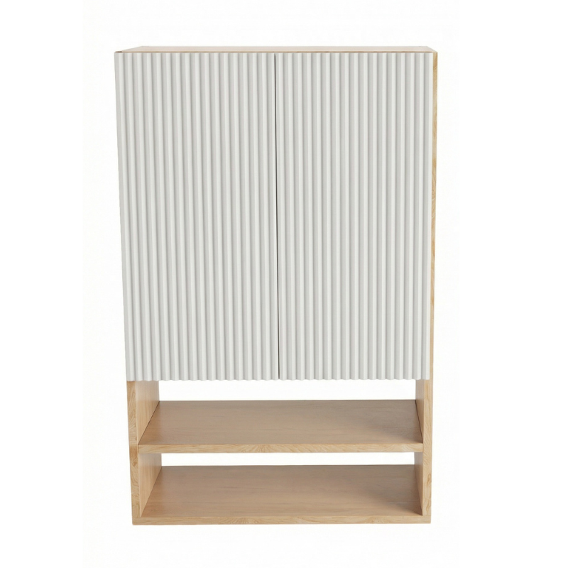 Badezimmer-Hängeschrank Willy 60 cm für Geberit mit geriffelter Front in Weiß/Walnuss, wandhängender Badschrank mit Stauraum über dem WC.