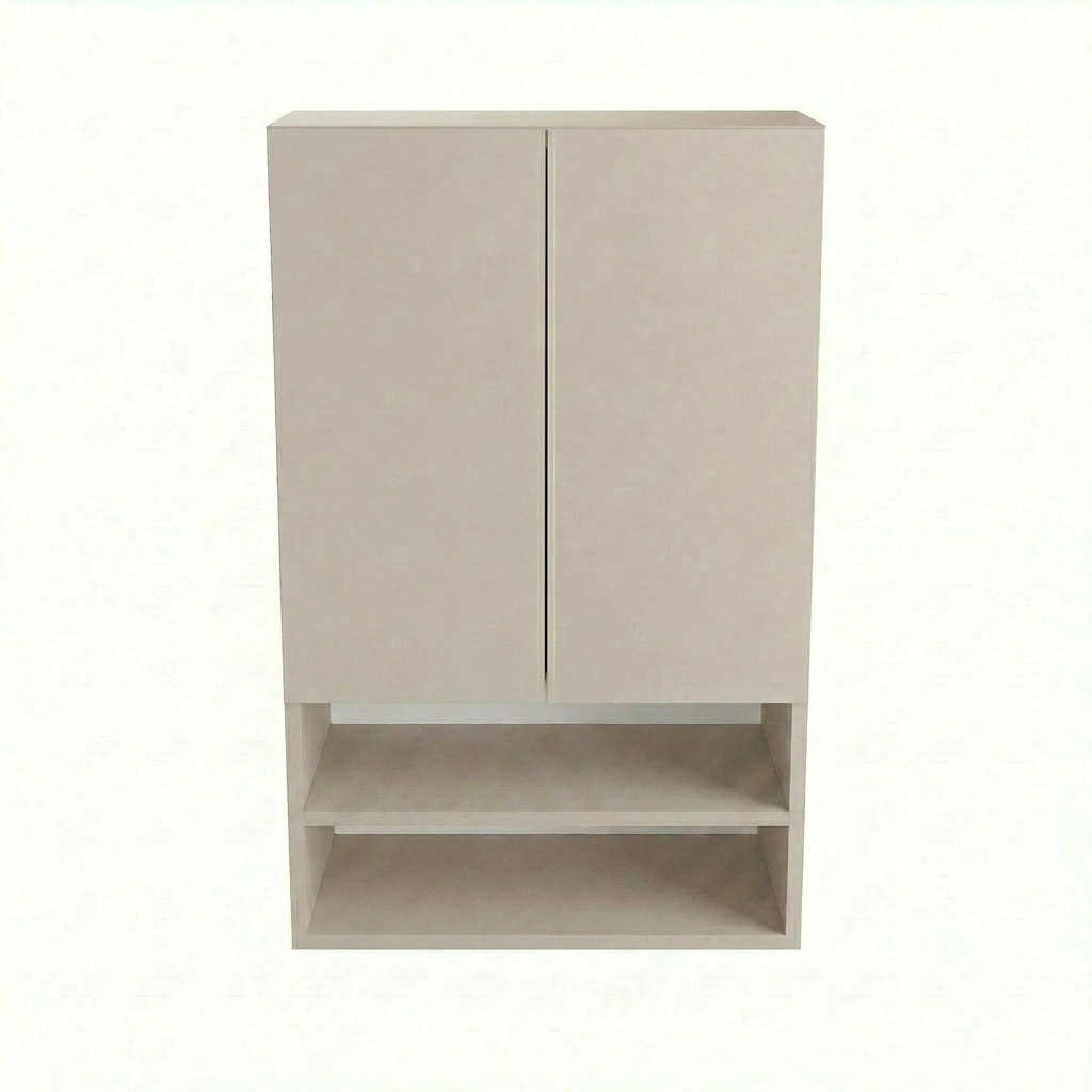 Badezimmer Hängeschrank Orio 60 cm in Kaschmir über Geberit-Spülkasten, zwei Einlegeböden, modernes grifflose Design.