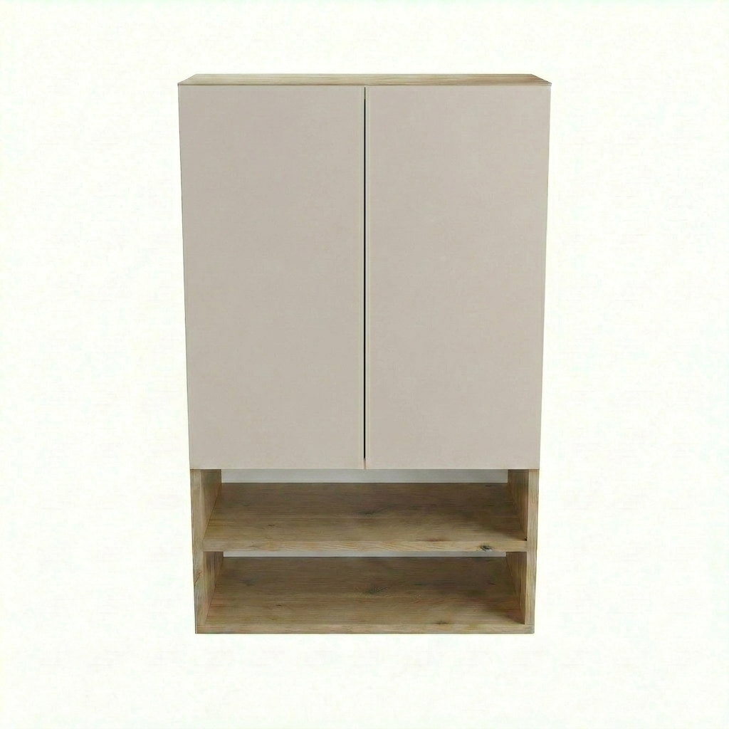 Badezimmer Hängeschrank Orio 60 cm Kaschmir und Eiche Artisan über Geberit-Spülkasten, zwei Einlegeböden, modernes Design.