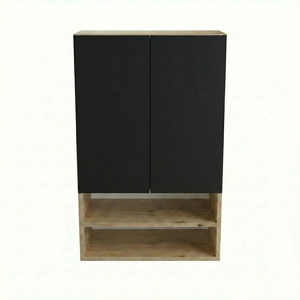 Badezimmer Hängeschrank Orio 60 cm schwarz mit Eiche Artisan über Geberit-Spülkasten, zwei Einlegeböden, modernes kontrastreiches Design.