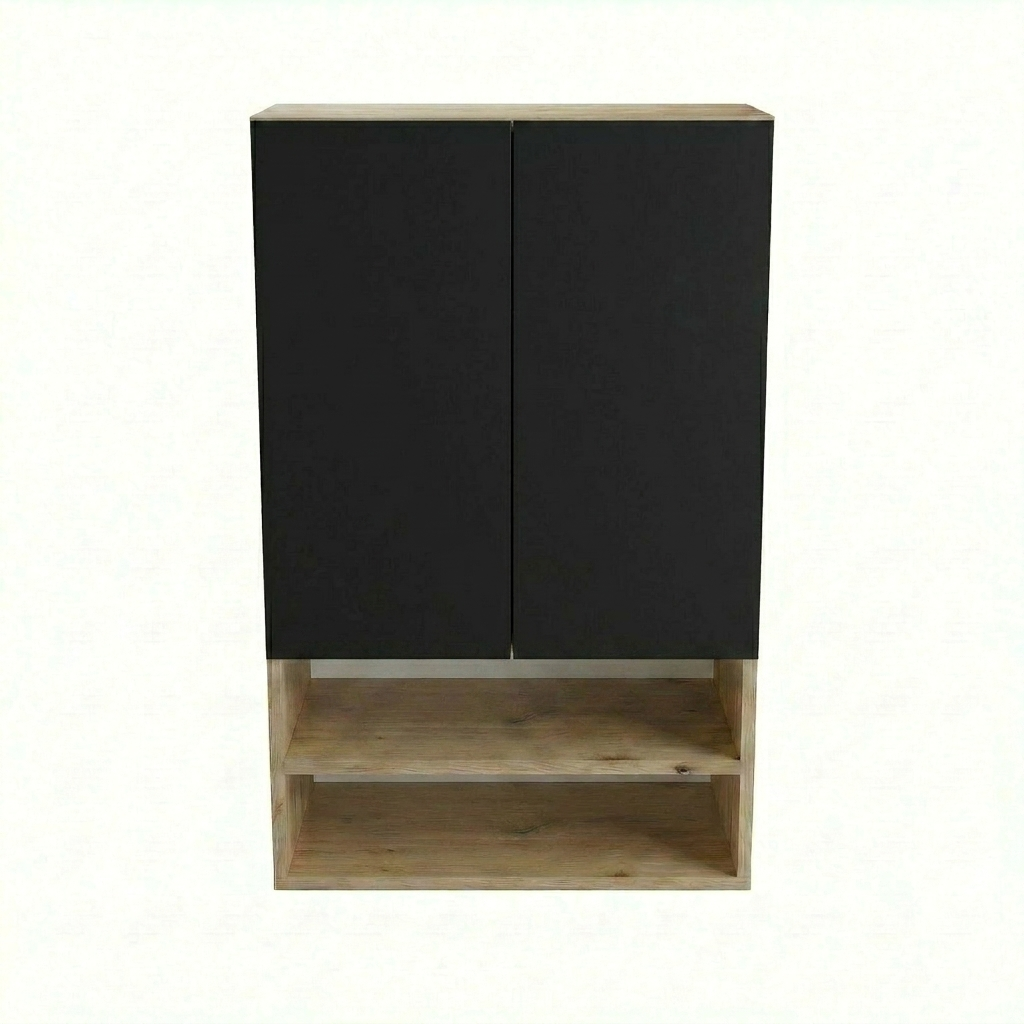 Badezimmer Hängeschrank Orio 60 cm schwarz mit Eiche Artisan über Geberit-Spülkasten, zwei Einlegeböden, modernes kontrastreiches Design.