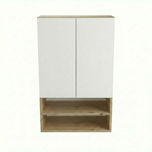 Badezimmer Hängeschrank Orio 60 cm weiß mit Eiche Artisan über Geberit-Spülkasten, zwei Einlegeböden, modernes minimalistisches Design.