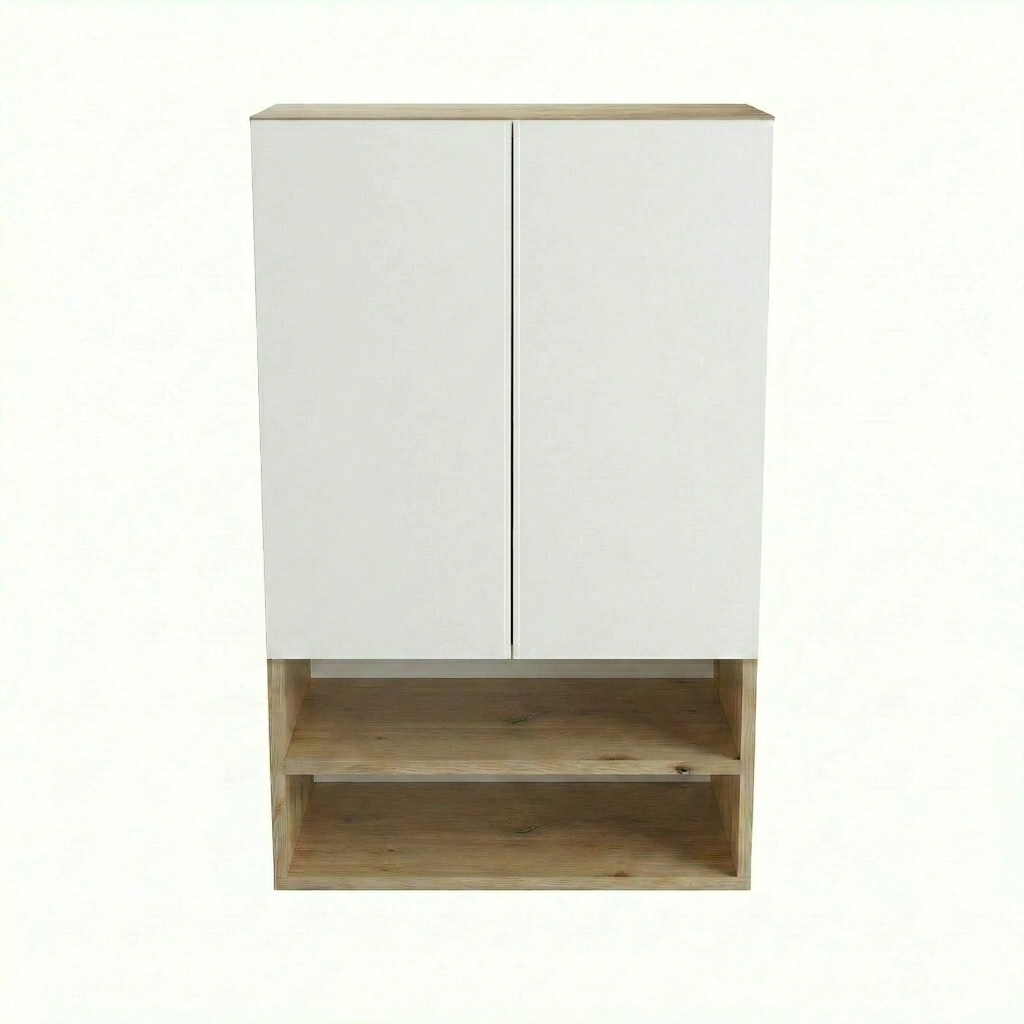 Badezimmer Hängeschrank Orio 60 cm weiß mit Eiche Artisan über Geberit-Spülkasten, zwei Einlegeböden, modernes minimalistisches Design.