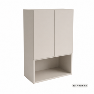 Badezimmer Hängeschrank Orio 60 cm über Geberit in Kaschmir mit glatten Fronten, grifflosem Push-to-Open-System, offenem Regal und oberer Ablagefläche.