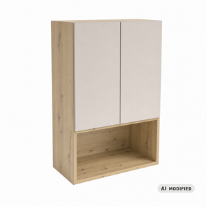 Badezimmer Hängeschrank Orio 60 cm über Geberit in Kaschmir und Eiche Artisan mit glatten Fronten, Push-to-Open-System, offenem Regal und oberer Ablagefläche.