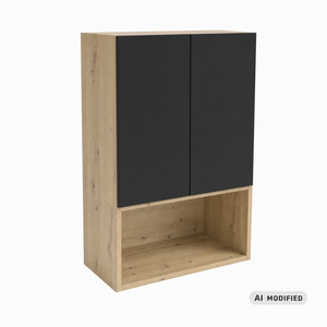 Badezimmer Hängeschrank Orio 60 cm über Geberit in Schwarz und Eiche Artisan mit glatten Fronten, Push-to-Open-System, offenem Regal und oberer Ablagefläche.