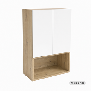 Badezimmer Hängeschrank Orio 60 cm über Geberit in Weiß und Eiche Artisan mit glatten Fronten, Push-to-Open-System, offenem Regal und oberer Ablagefläche.