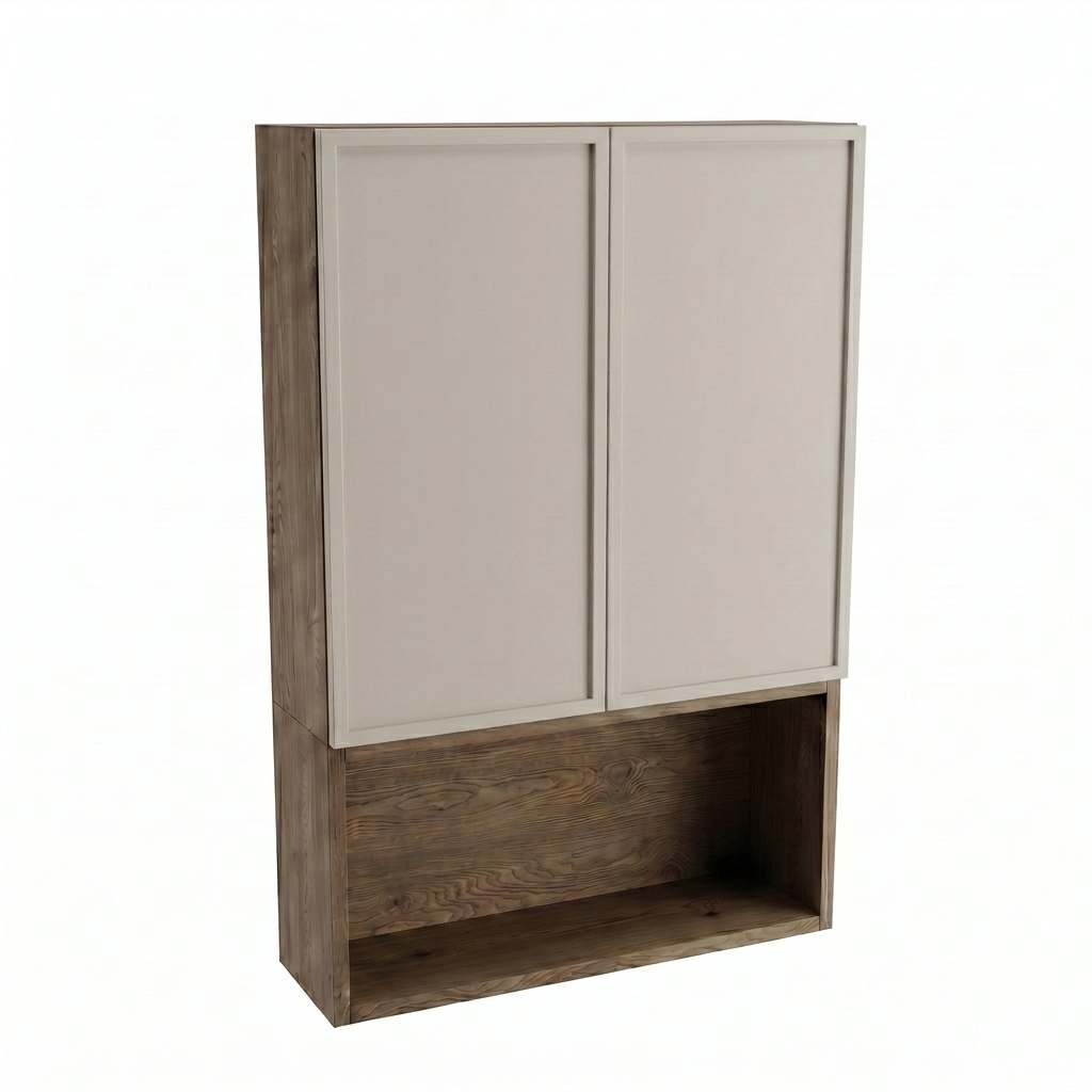 Badezimmer Hängeschrank Roma 60 cm Kaschmir / Walnuss Dunkel zur Wandmontage über Geberit mit Türen, offenem Fach und Push-to-Open-System