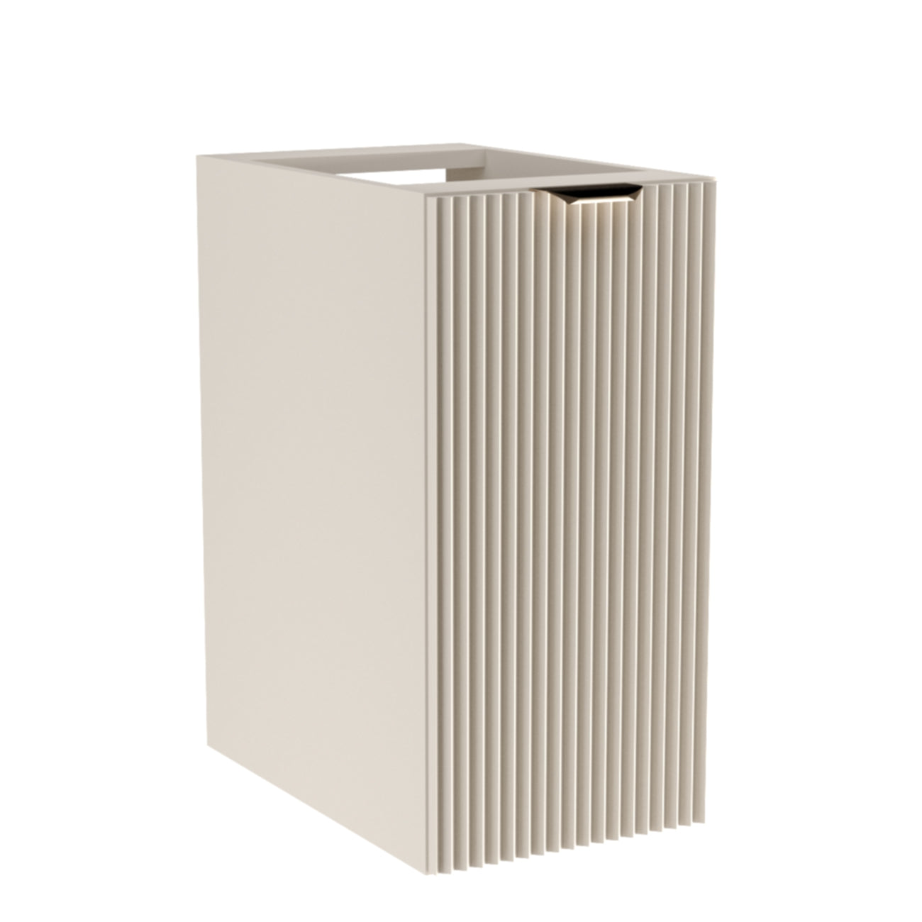 Badezimmerschrank Willy 30 cm breit in Kaschmir mit vertikal geriffelter Front, 1 Tür, Einlegeboden und wählbarem Metallgriff – elegantes, kompaktes Möbel für stilvolle und gut organisierte Badezimmer.