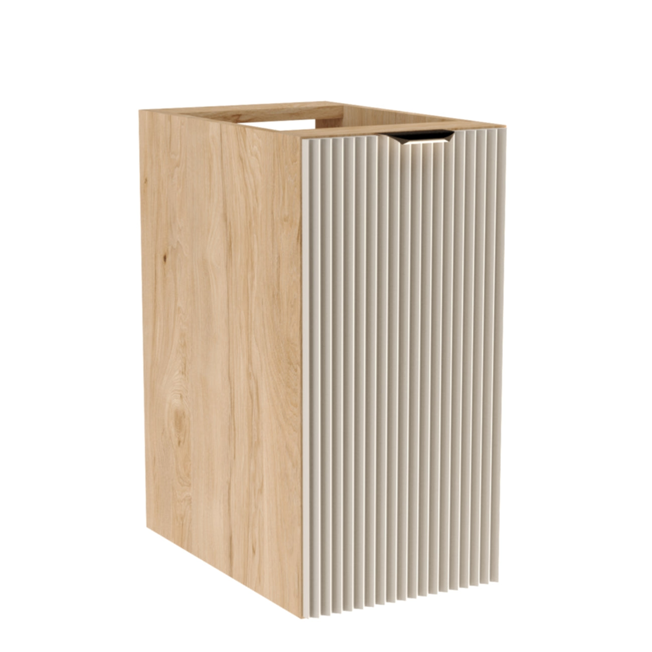 Badezimmerschrank Willy 30 cm breit mit geriffelter Front in Kaschmir, Korpus in Walnussoptik, 1 Tür, Einlegeboden und wählbarem Metallgriff – elegantes, kompaktes Möbel für stilvolle und gut organisierte Badezimmer.