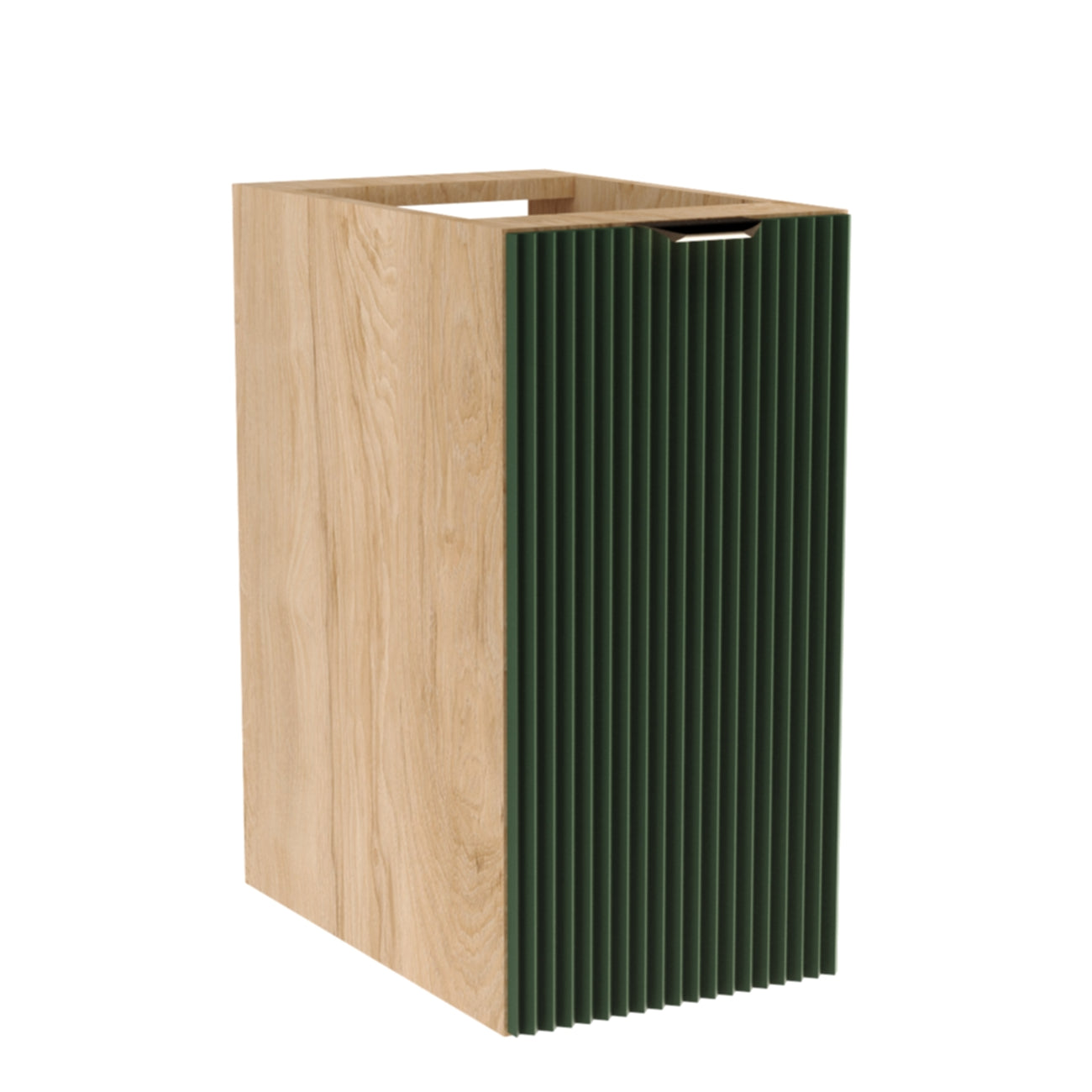 Badezimmerschrank Willy 30 cm breit mit geriffelter Front in Salbei, Korpus in Walnussoptik, 1 Tür, Einlegeboden und wählbarem Metallgriff – kompaktes, stilvolles Möbel für natürliche Eleganz im Badezimmer.